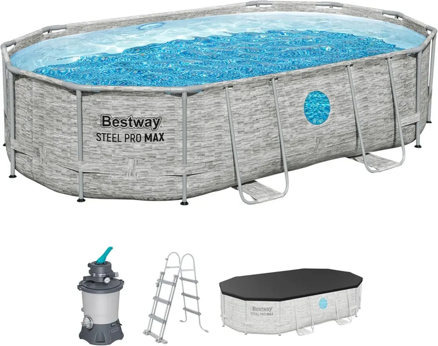 Piscine Hors Sol Ovale Bestway Steel Pro Max avec Vue Éclaboussante - 488 x 305 x 107 cm - Gris